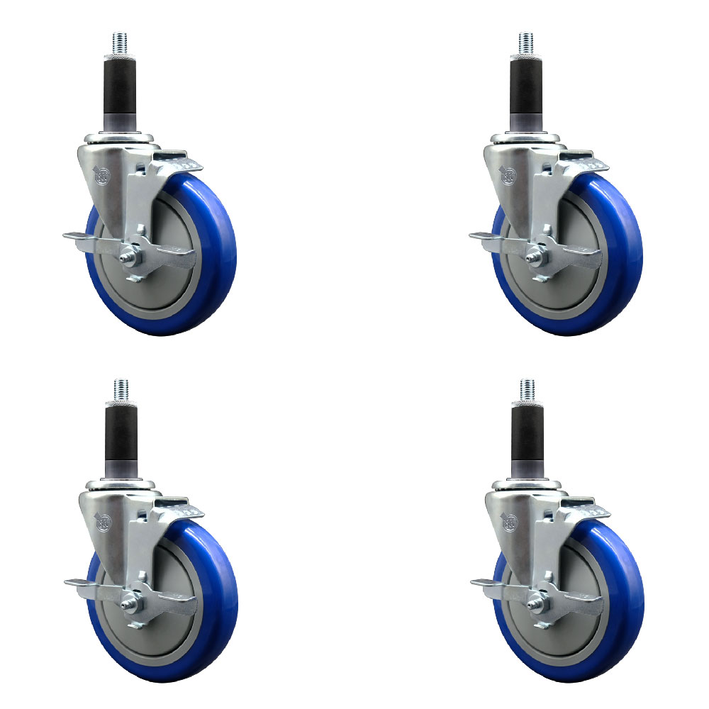 Stainless Steel Polyurethane Swivel Expanding Stem Caster with 5 in. Blue Wheels & 1.13 in. Stem 4 Swivel with Top Locking Brake - Set of 4