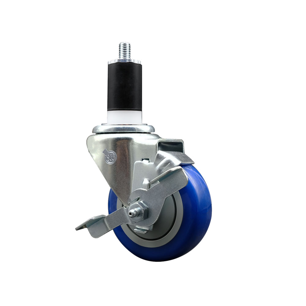 Stainless Steel Polyurethane Expanding Stem Swivel Caster with 3.5 in. Blue Wheel & 1.5 in. Stem & Top Locking Brake