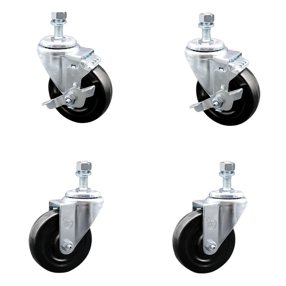 SCC-TS20S414-HRS-M1215-2-TLB-2 Hard Rubber Swivel Threaded Stem Caster with 4 x 1.25 in. Black Wheels & 12 mm Stems - Set of 4