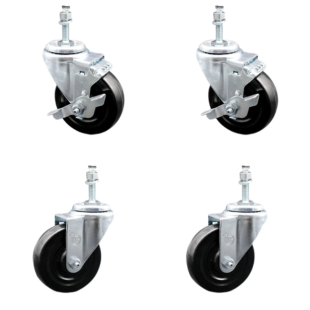 SCC-SSTS20S414-HRS-M1015-2-TLB-2 Stainless Steel Hard Rubber Swivel Threaded Stem Caster with 4 x 1.25 in. Black Wheels & 10 mm Stems - Set of 4