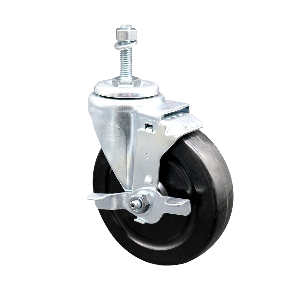 SCC-TS20S514-HRS-TLB-M1015 Hard Rubber Swivel Threaded Stem Caster with 5 x 1.25 in. Black Wheel & 10 mm Stem & Top Locking Brake