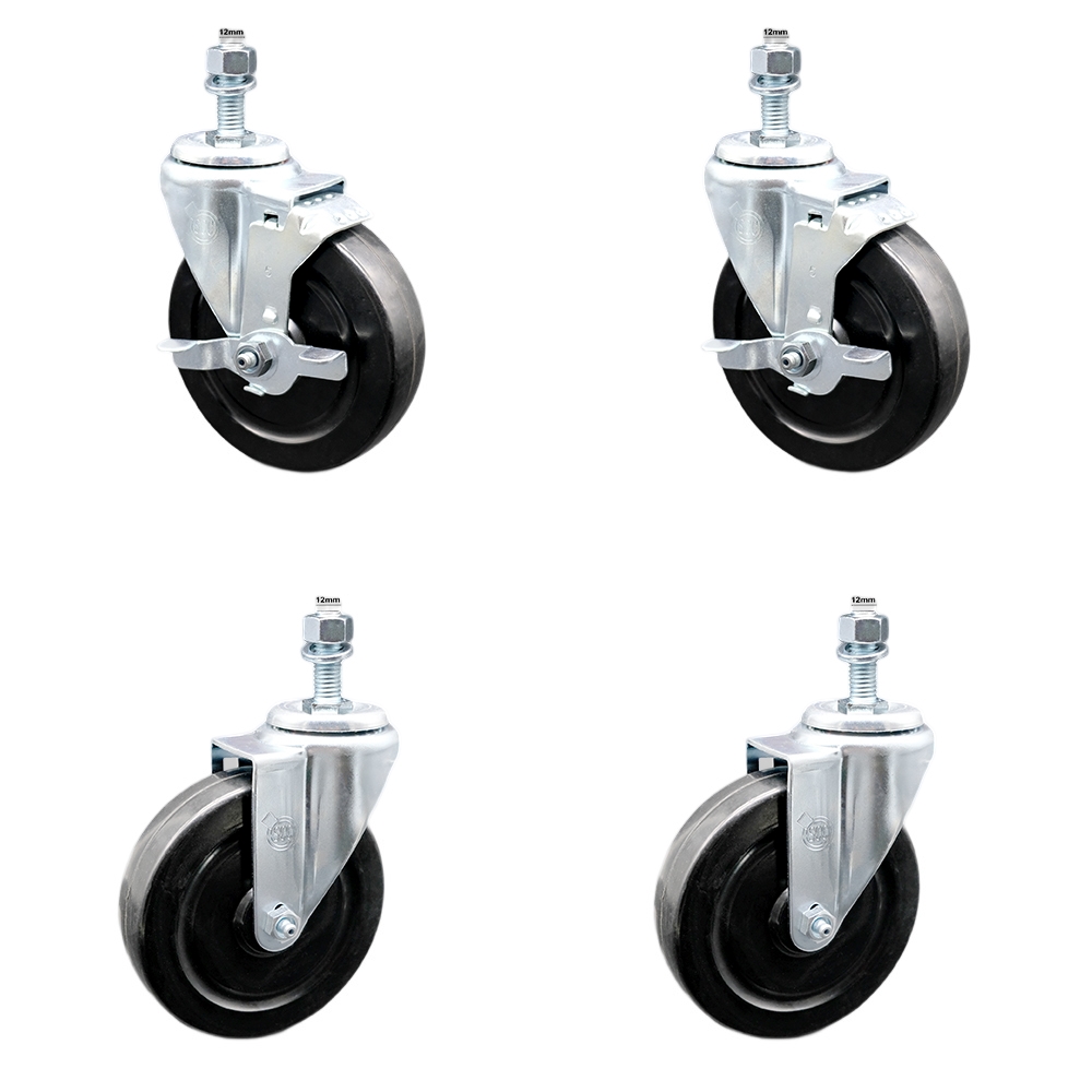 SCC-SSTS20S514-HRS-M1215-2-TLB-2 Stainless Steel Hard Rubber Swivel Threaded Stem Caster with 5 x 1.25 in. Black Wheels & 12 mm Stems - Set of 4