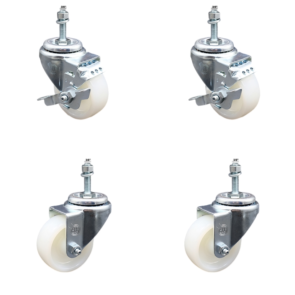 SCC-SSTS20S314-NYS-381615-2-TLB-2 Stainless Steel Nylon Swivel Threaded Stem Caster with 3 x 1.25 in. White Wheels & 0.38 in. Stems - Set of 4