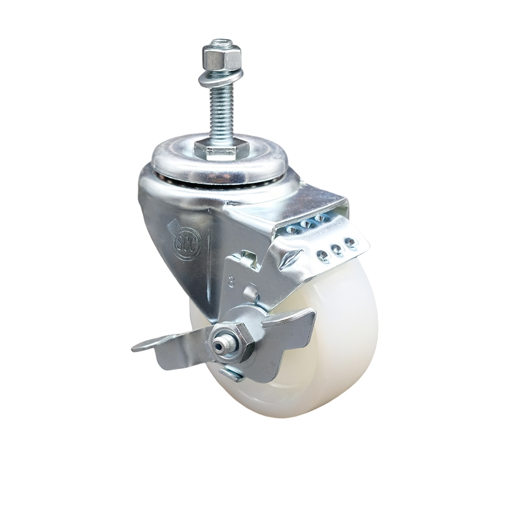 SCC-SSTS20S314-NYS-TLB-M1015 Stainless Steel Nylon Swivel Threaded Stem Caster with 3 x 1.25 in. White Wheel & 10 mm Stem & Top Locking Brake
