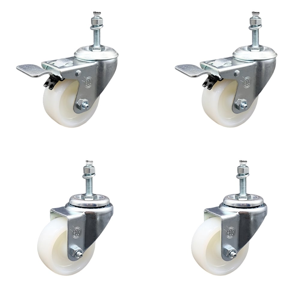 SCC-SSTSTTL20S314-NYS-M1015-2-S-2 Stainless Steel Nylon Swivel Threaded Stem Caster with 3 x 1.25 in. White Wheels & 10 mm Stems - Set of 4