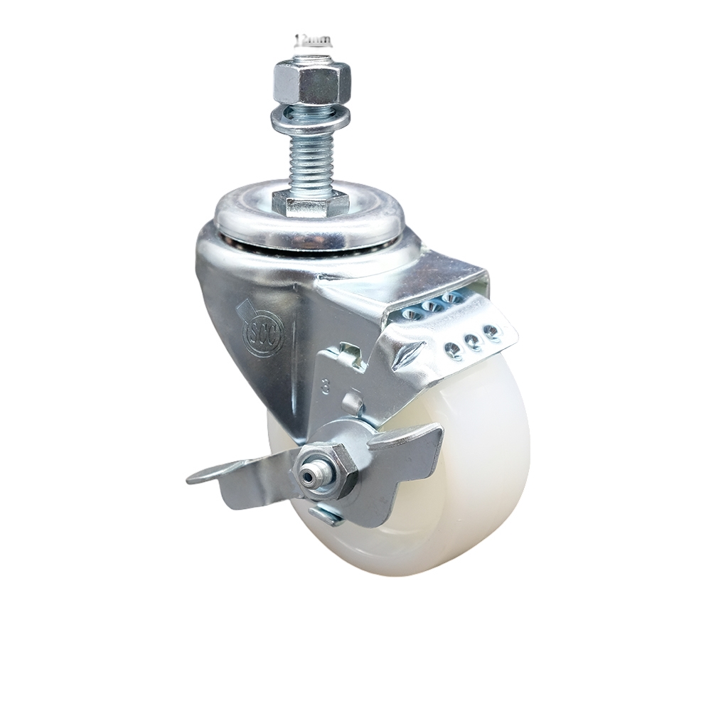 SCC-SSTS20S314-NYS-TLB-M1215 Stainless Steel Nylon Swivel Threaded Stem Caster with 3 x 1.25 in. White Wheel & 12 mm Stem & Top Locking Brake