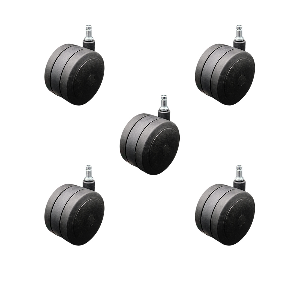 3 in. Extra Heavy Duty Office Chair Stem Casters Black Thermoplastic Rubber Twin Wheel with 0.43 in. by 0.875 in. Grip Ring Stem Casters - Set of 5