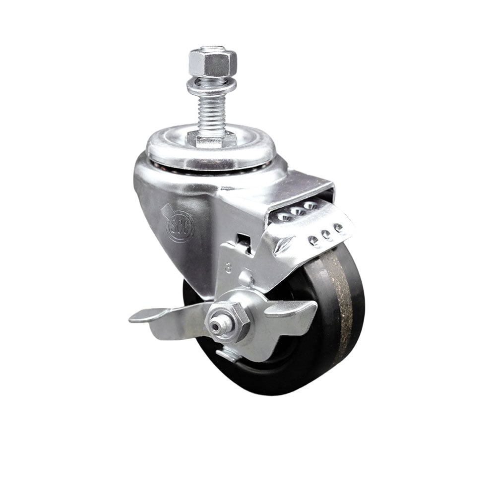 SCC-TS20S314-PHR-TLB-121315 Phenolic Swivel Threaded Stem Caster with Roller Bearing 3 x 1.25 in. Black Wheel & 0.5 in. Stem & Top Locking Brake