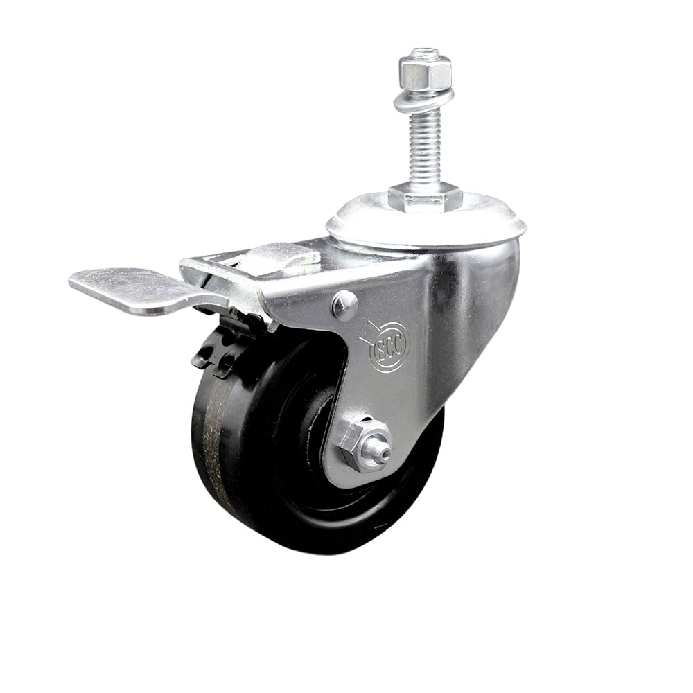 SCC-TSTTL20S3514-PHR-M1015 Phenolic Swivel Threaded Stem Caster with Roller Bearing 3.5 x 1.25 in. Black Wheel & 10 mm Stem & Total Locking Brake