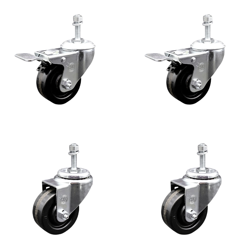 SCC-TSTTL20S3514-PHR-M1015-2-S-2 Phenolic Swivel Threaded Stem Caster with Roller Bearing 3.5 x 1.25 in. Black Wheels & 10 mm Stems - Set of 4
