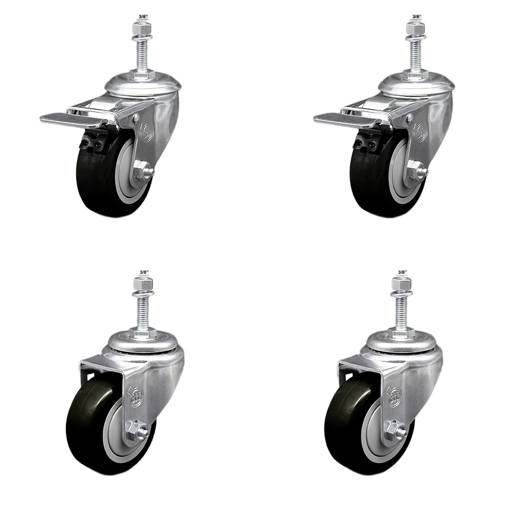 Stainless Steel Polyurethane Swivel Threaded Stem Caster with 3 x 1.25 in. Black Wheels & 0.38 in. Stems - Set of 4