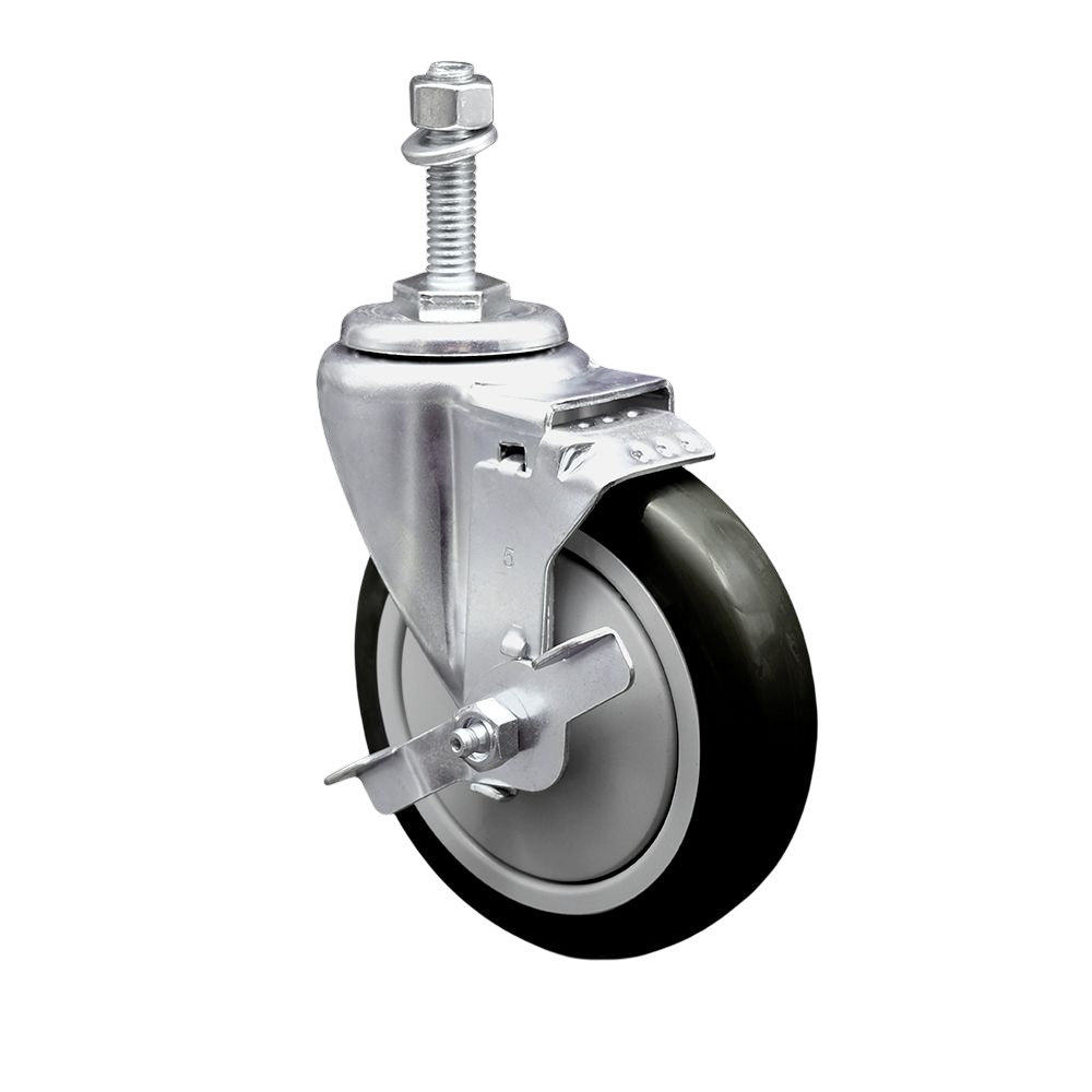 SCC-TS20S514-PPUB-BLK-TLB-M1015 Polyurethane Swivel Threaded Stem Caster with 5 x 1.25 in. Black Wheel & 10 mm Stem & Top Locking Brake