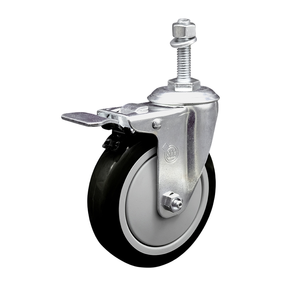 SCC-TSTTL20S514-PPUB-BLK-M1015 Polyurethane Swivel Threaded Stem Caster with 5 x 1.25 in. Black Wheel & 10 mm Stem & Total Locking Brake