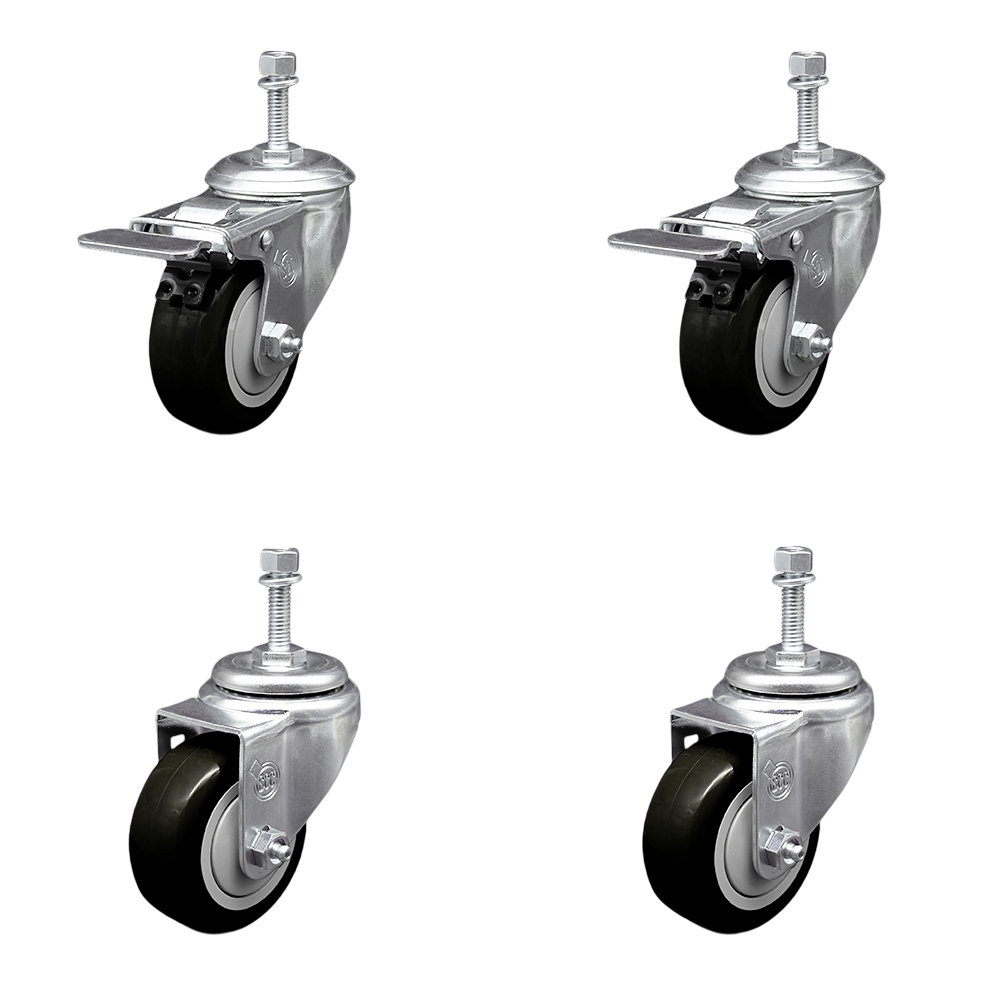 Stainless Steel Polyurethane Swivel Threaded Stem Caster with 3.5 x 1.25 in. Black Wheels & 10 mm Stems - Set of 4