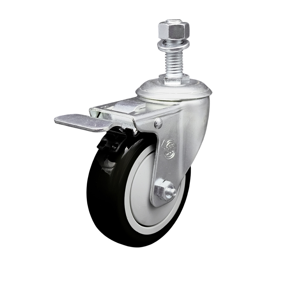 Stainless Steel Polyurethane Swivel Threaded Stem Caster with 4 x 1.25 in. Black Wheel & 12 mm Stem & Total Locking Brake