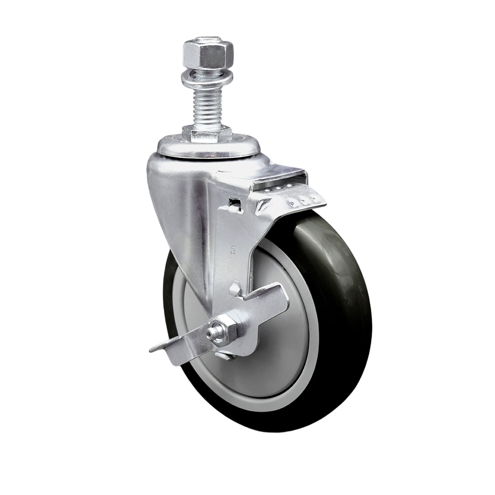 Stainless Steel Polyurethane Swivel Threaded Stem Caster with 5 x 1.25 in. Black Wheel & 12 mm Stem & Top Locking Brake