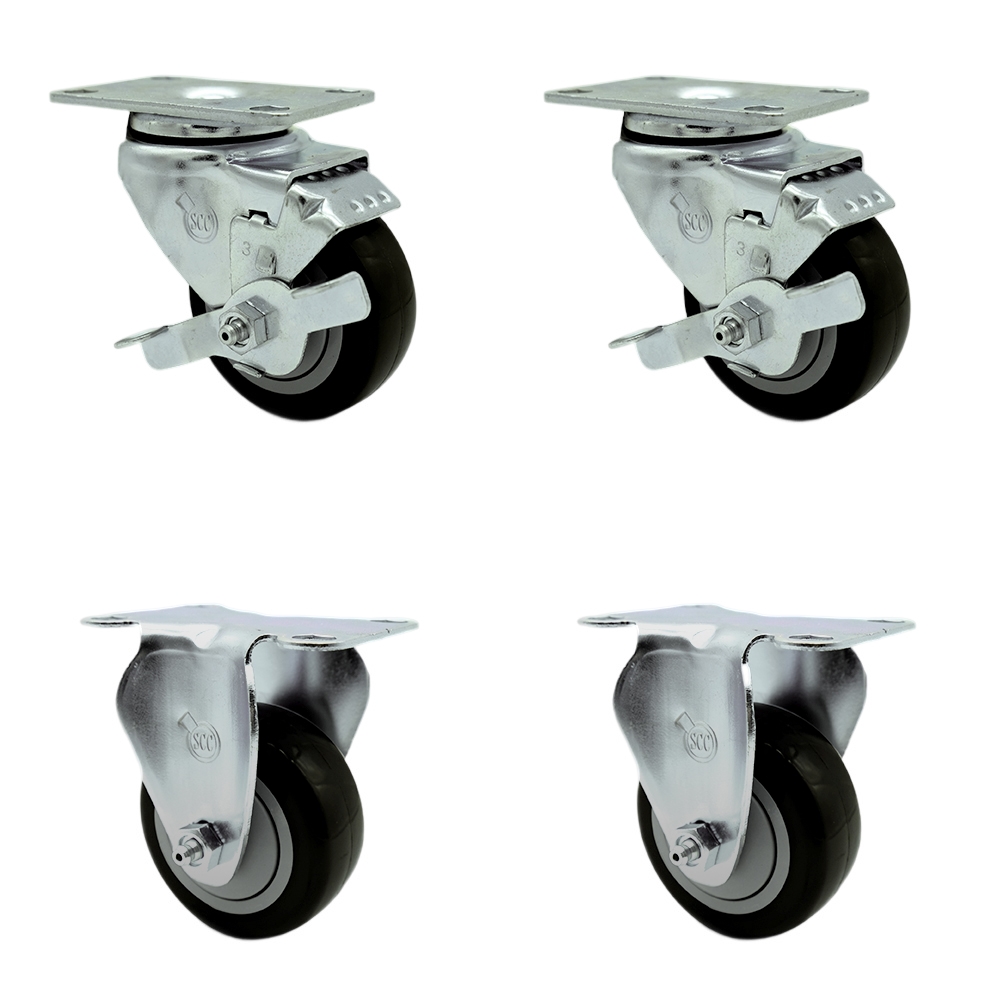 SCC-SS20S314-PPUB-BLK-TLB-2-R314-2 Stainless Steel Polyurethane Swivel Top Plate Caster with 3 x 1.25 in. Black Wheels - Set of 4
