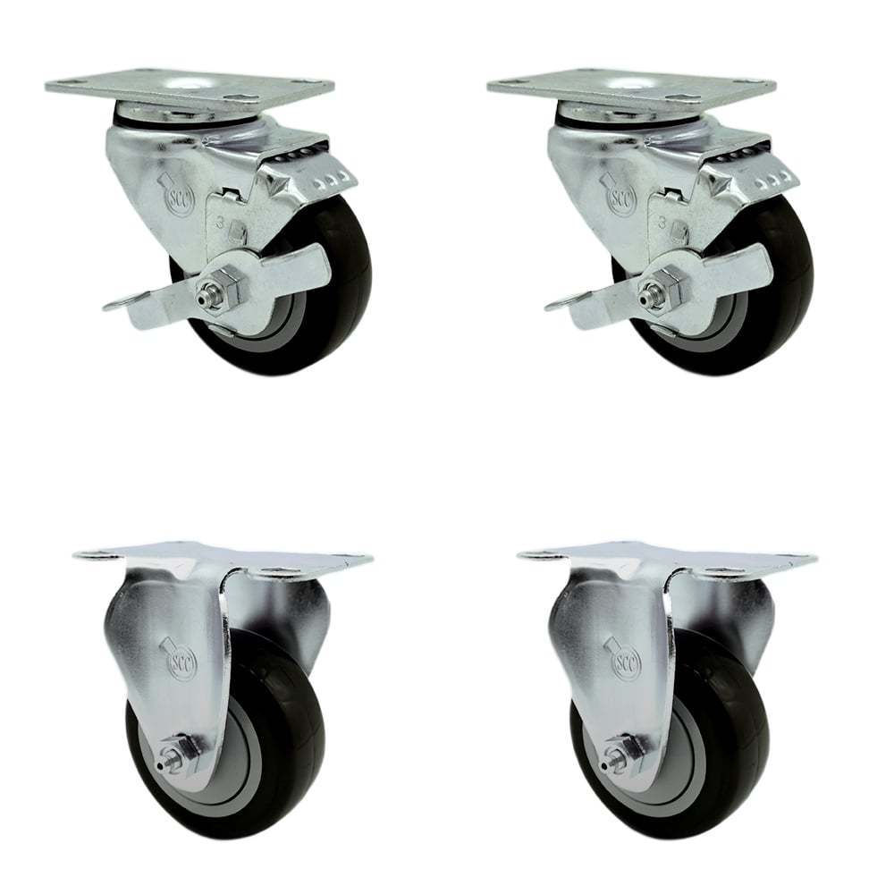 SCC-SS20S3514-PPUB-BLK-TLB-2-R3514-2 Stainless Steel Polyurethane Swivel Top Plate Caster with 3.5 x 1.25 in. Black Wheels - Set of 4