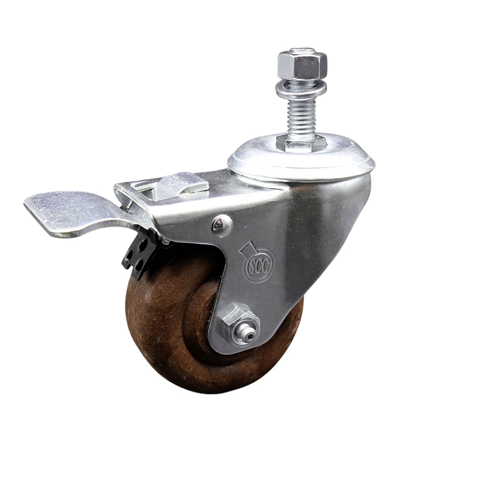 High Temperature Glass Filled Nylon Swivel Threaded Stem Caster with 3 x 1.25 in. Brown Wheel & 0.5 in. Stem & Total Locking Brake