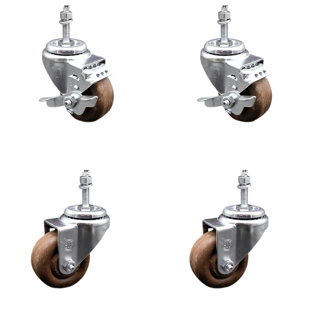 Stainless Steel High Temperature Glass Filled Nylon Swivel Threaded Stem Caster with 3 x 1.25 in. Brown Wheels & 0.38 in. Stems - Set of 4