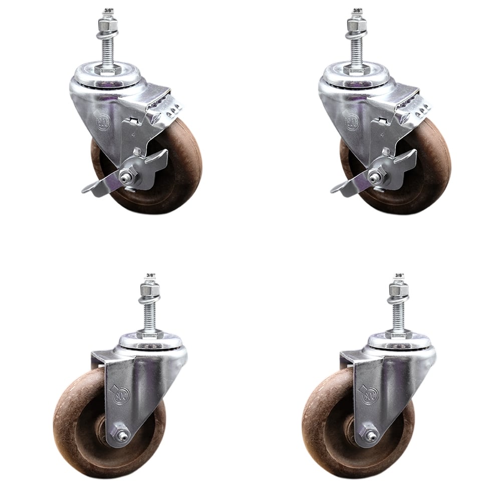 Stainless Steel High Temperature Glass Filled Nylon Swivel Threaded Stem Caster with 4 x 1.25 in. Brown Wheels & 0.38 in. Stems - Set of 4