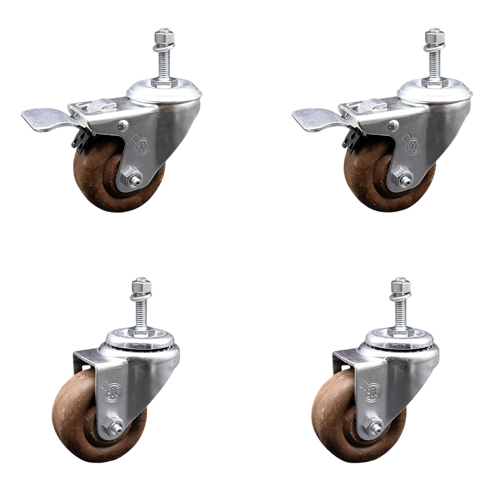 High Temperature Glass Filled Nylon Swivel Threaded Stem Caster with 3 x 1.25 in. Brown Wheels & 10 mm Stems - Set of 4