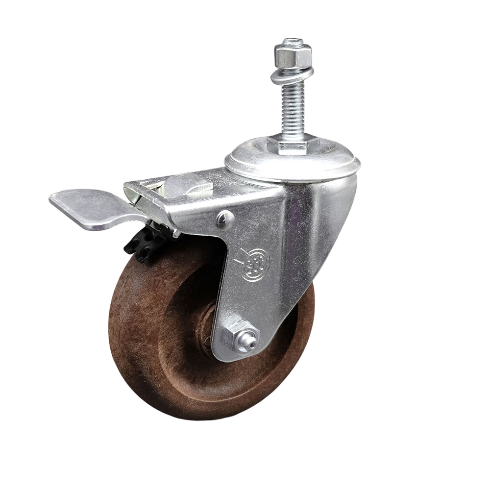 High Temperature Glass Filled Nylon Swivel Threaded Stem Caster with 4 x 1.25 in. Brown Wheel & 10 mm Stem & Total Locking Brake