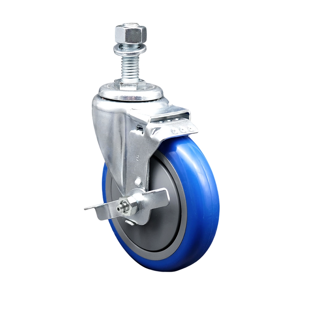SCC-TS20S514-PPUB-BLUE-TLB-M1215 Polyurethane Swivel Threaded Stem Caster with 5 x 1.25 in. Blue Wheel & 12 mm Stem & Top Locking Brake