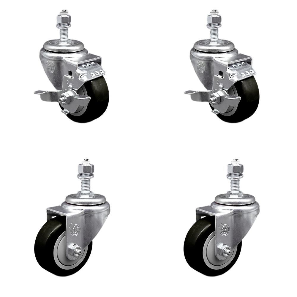 Stainless Steel Polyurethane Swivel Threaded Stem Caster with 3 x 1.25 in. Black Wheels & 0.5 in. Stems - Set of 4