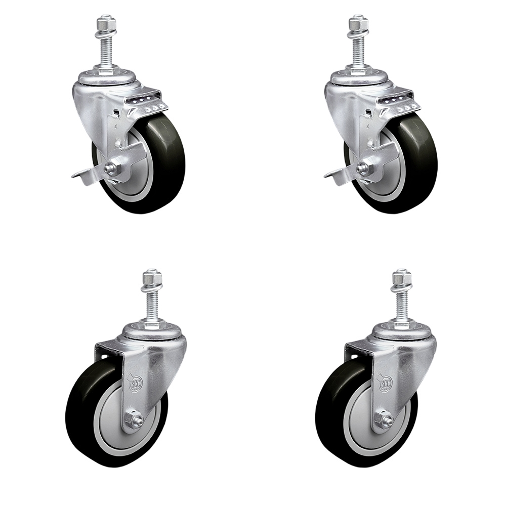 SCC-TS20S414-PPUB-BLK-TLB-381615-2-S-2 Polyurethane Swivel Threaded Stem Caster with 4 x 1.25 in. Black Wheels & 0.38 in. Stems - Set of 4