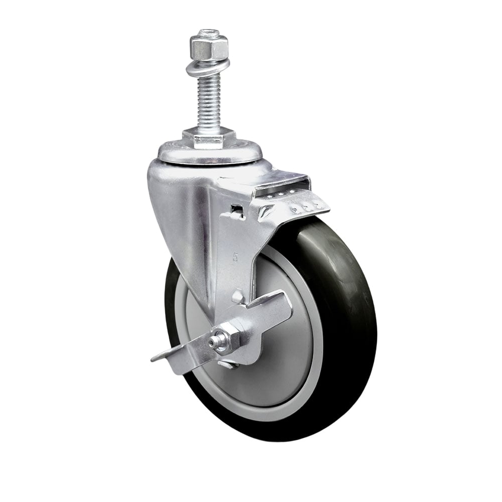 SCC-TS20S514-PPUB-BLK-TLB-381615 Polyurethane Swivel Threaded Stem Caster with 5 x 1.25 in. Black Wheel & 0.38 in. Stem & Top Locking Brake