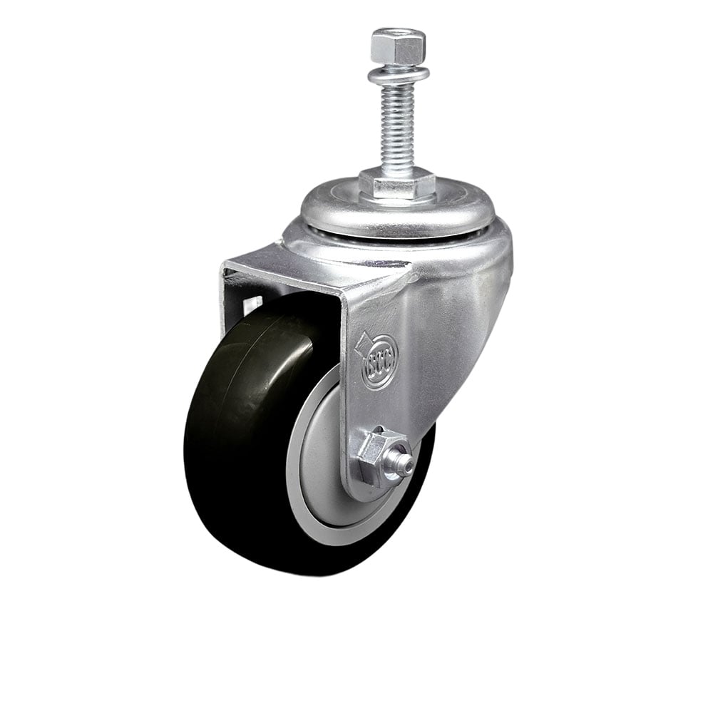 SCC-SSTS20S314-PPUB-BLK-381615 Stainless Steel Polyurethane Swivel Threaded Stem Caster with 3 x 1.25 in. Black Wheel & 0.38 in. Stem