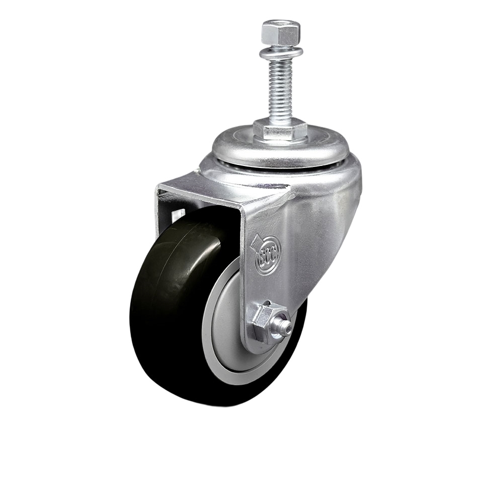 SCC-SSTS20S3514-PPUB-BLK-381615 Stainless Steel Polyurethane Swivel Threaded Stem Caster with 3.5 x 1.25 in. Black Wheel & 0.38 in. Stem