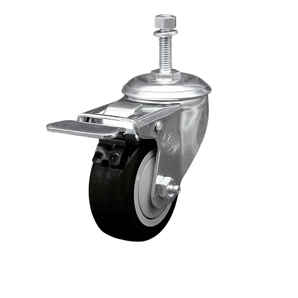 SCC-TSTTL20S314-PPUB-BLK-M1015 Polyurethane Swivel Threaded Stem Caster with 3 x 1.25 in. Black Wheel & 10 mm Stem & Total Locking Brake