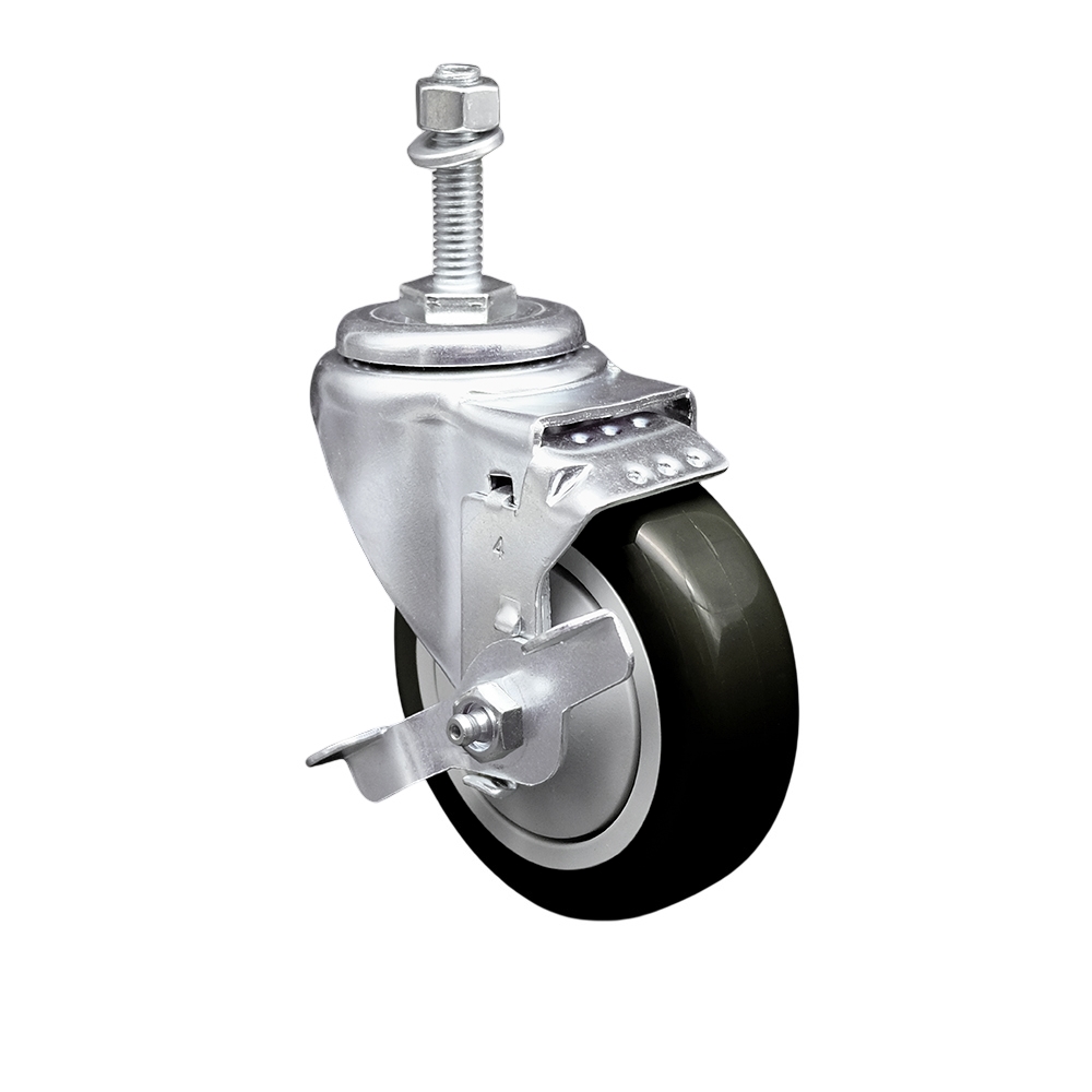 Stainless Steel Polyurethane Swivel Threaded Stem Caster with 4 x 1.25 in. Black Wheel & 10 mm Stem & Top Locking Brake