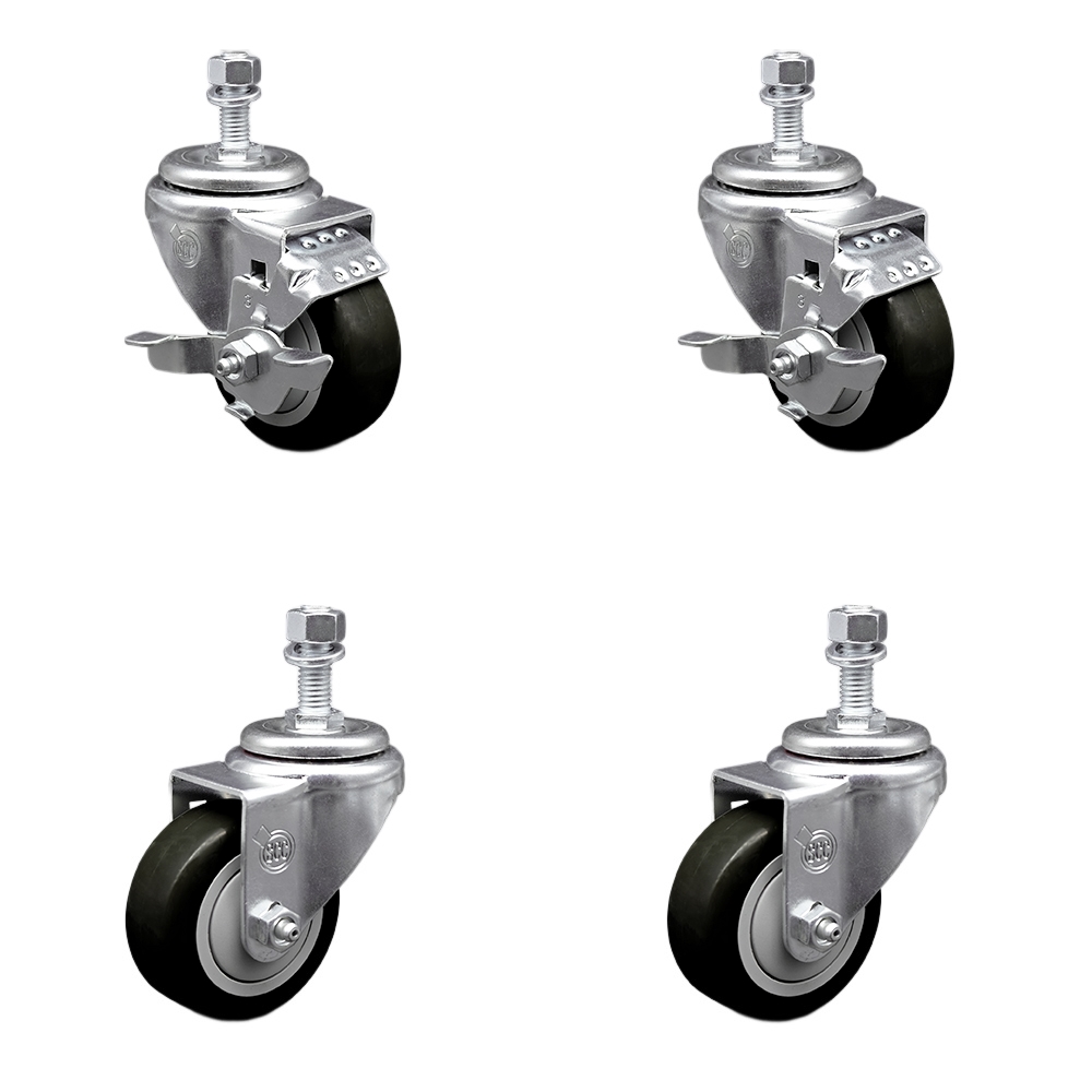 Stainless Steel Polyurethane Swivel Threaded Stem Caster with 3.5 x 1.25 in. Black Wheels & 12 mm Stems - Set of 4