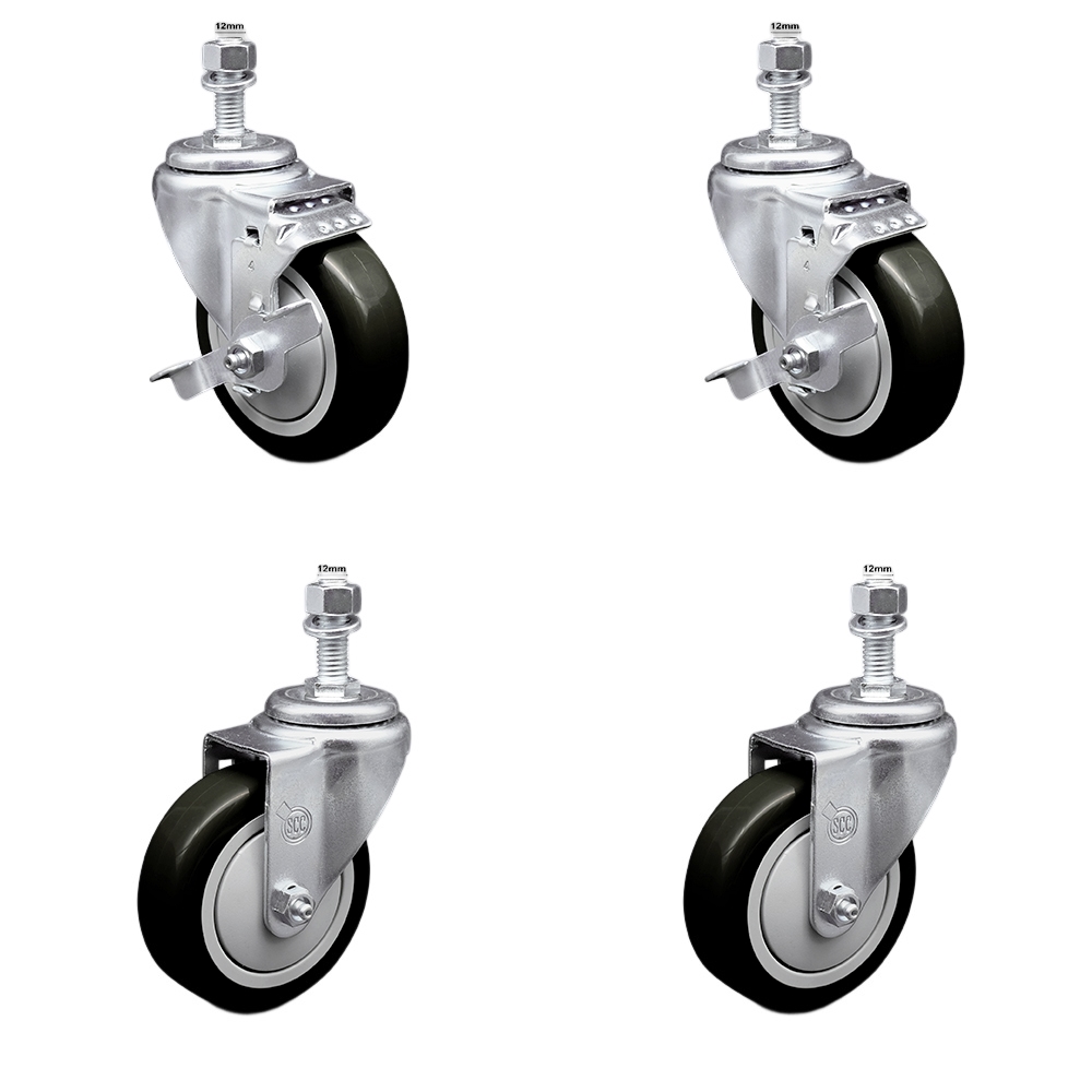 Stainless Steel Polyurethane Swivel Threaded Stem Caster with 4 x 1.25 in. Black Wheels & 12 mm Stems - Set of 4