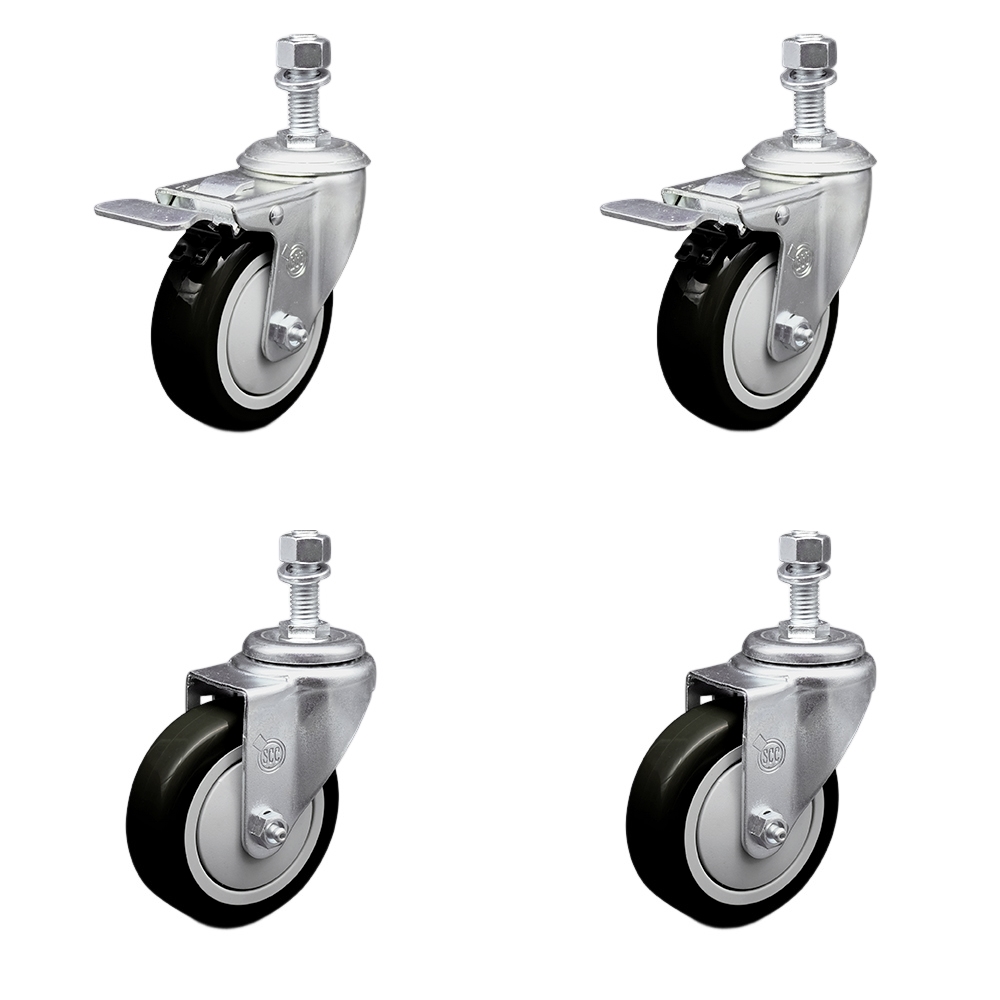 Stainless Steel Polyurethane Swivel Threaded Stem Caster with 4 x 1.25 in. Black Wheels & 12 mm Stems - Set of 4