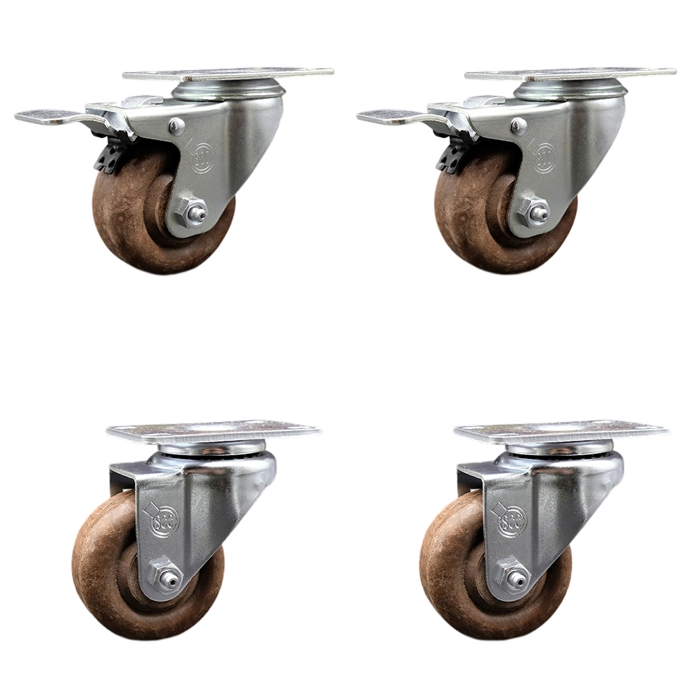 SCC-SSTTL20S314-GFNSHT-2-S-2 Stainless Steel High Temperature Glass Filled Nylon Swivel Top Plate Caster with 3 x 1.25 in. Brown Wheels - Set of 4