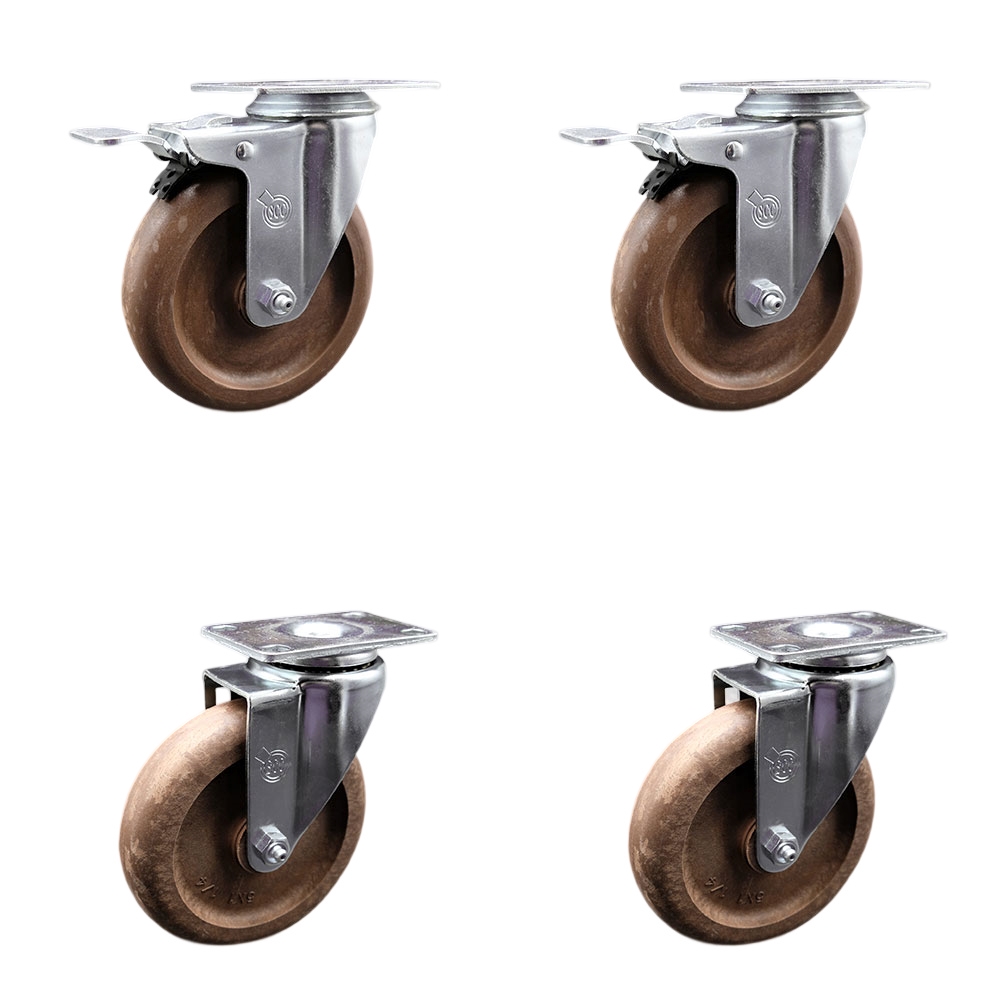 SCC-SSTTL20S514-GFNSHT-2-S-2 Stainless Steel High Temperature Glass Filled Nylon Swivel Top Plate Caster with 5 x 1.25 in. Brown Wheels - Set of 4