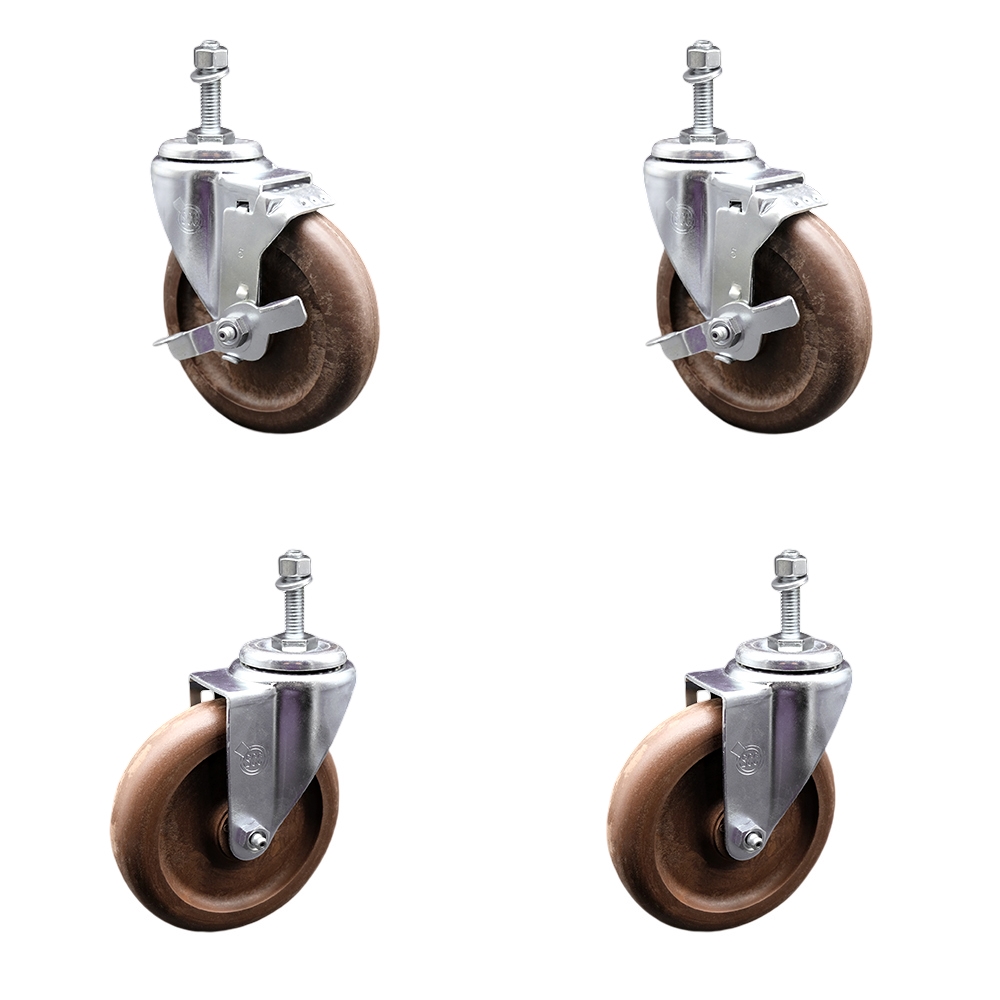 High Temperature Glass Filled Nylon Swivel Threaded Stem Caster with 5 x 1.25 in. Brown Wheels & 0.38 in. Stems - Set of 4