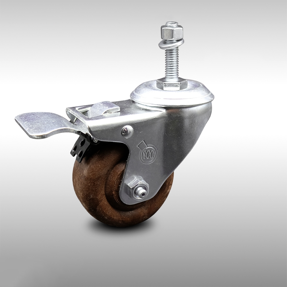 Stainless Steel High Temperature Glass Filled Nylon Swivel Threaded Stem Caster with 3 x 1.25 in. Brown Wheel & 0.38 in. Stem