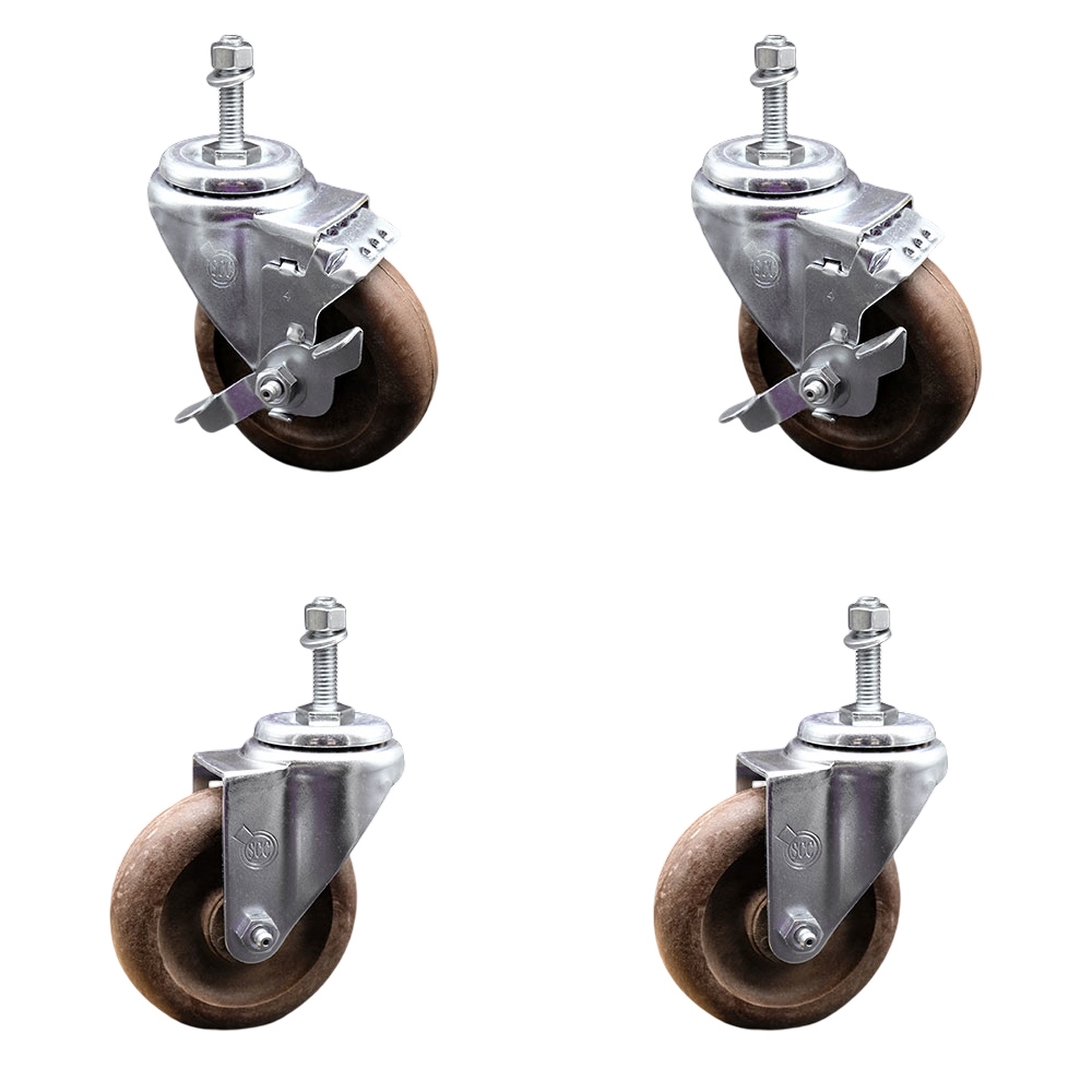 High Temperature Glass Filled Nylon Swivel Threaded Stem Caster with 4 x 1.25 in. Brown Wheels & 10 mm Stems - Set of 4