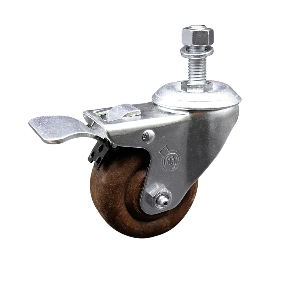 Stainless Steel High Temperature Glass Filled Nylon Swivel Threaded Stem Caster with 3 x 1.25 in. Brown Wheel & 12 mm Stem & Total Locking Brake