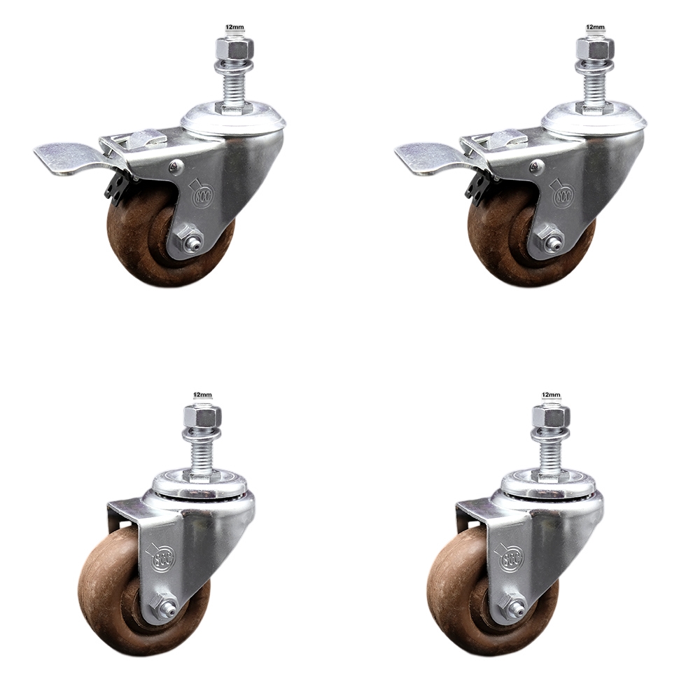 Stainless Steel High Temperature Glass Filled Nylon Swivel Threaded Stem Caster with 3 x 1.25 in. Brown Wheels & 12 mm Stems - Set of 4
