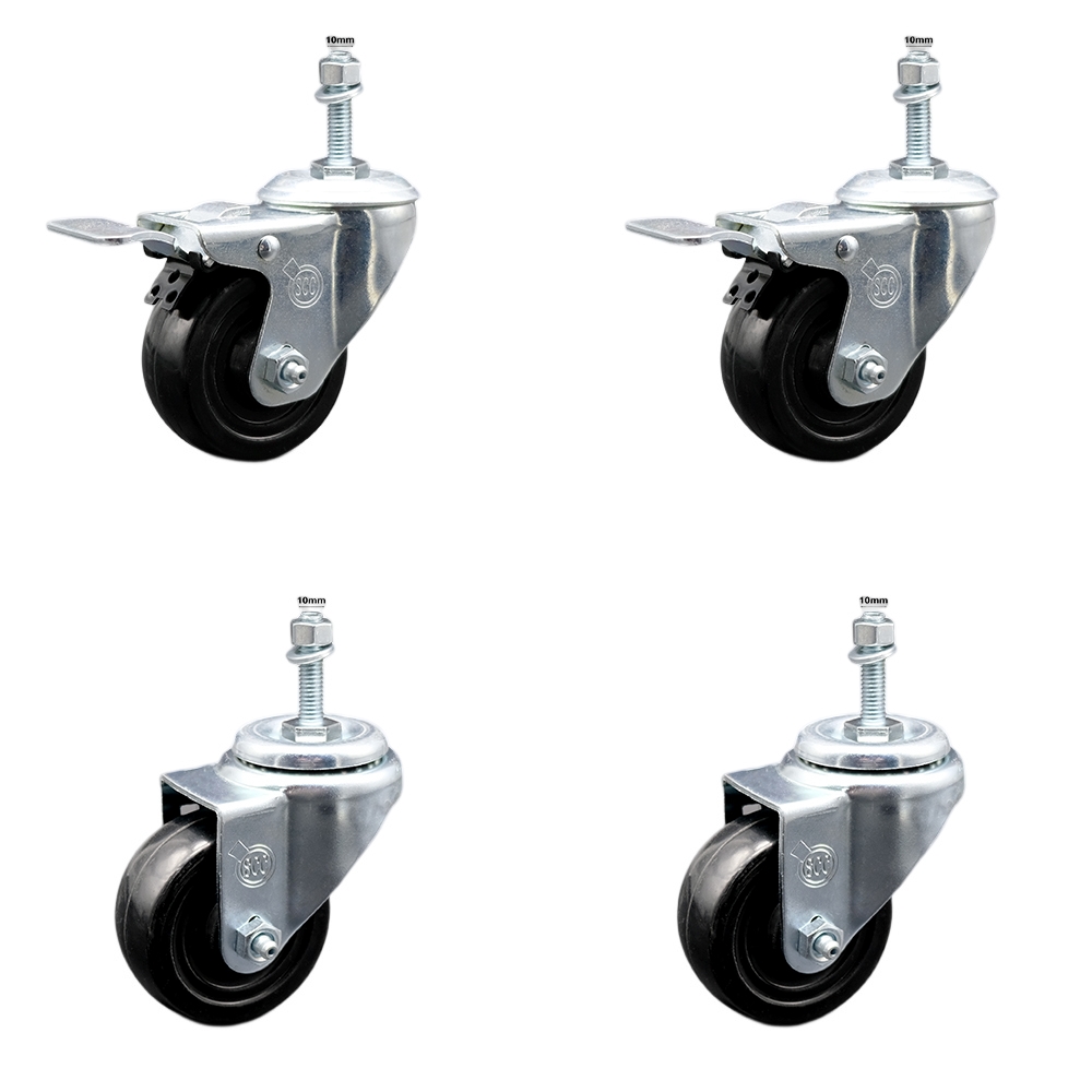SCC-SSTSTTL20S314-HRS-M1015-2-S-2 Stainless Steel Hard Rubber Swivel Threaded Stem Caster with 3 x 1.25 in. Black Wheels & 10 mm Stems - Set of 4