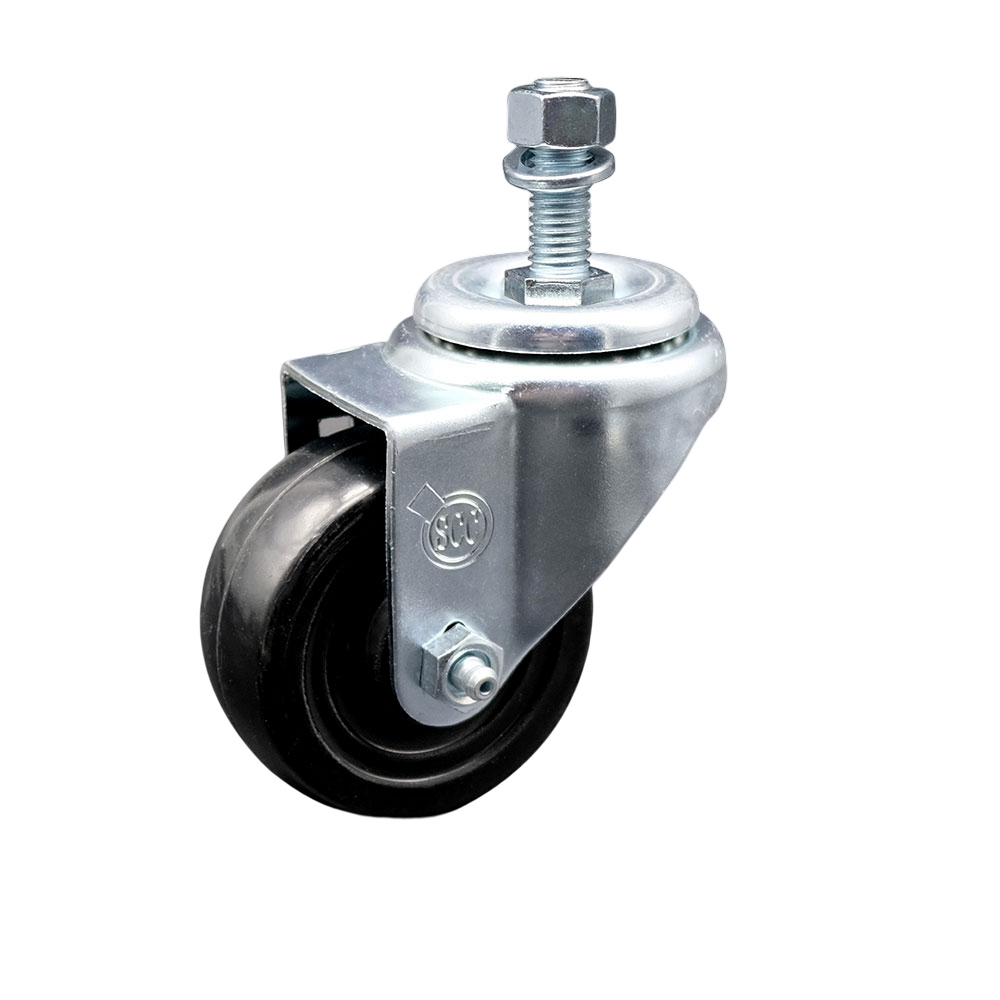 SCC-SSTS20S314-HRS-M1215 Stainless Steel Hard Rubber Swivel Threaded Stem Caster with 3 x 1.25 in. Black Wheel & 12 mm Stem