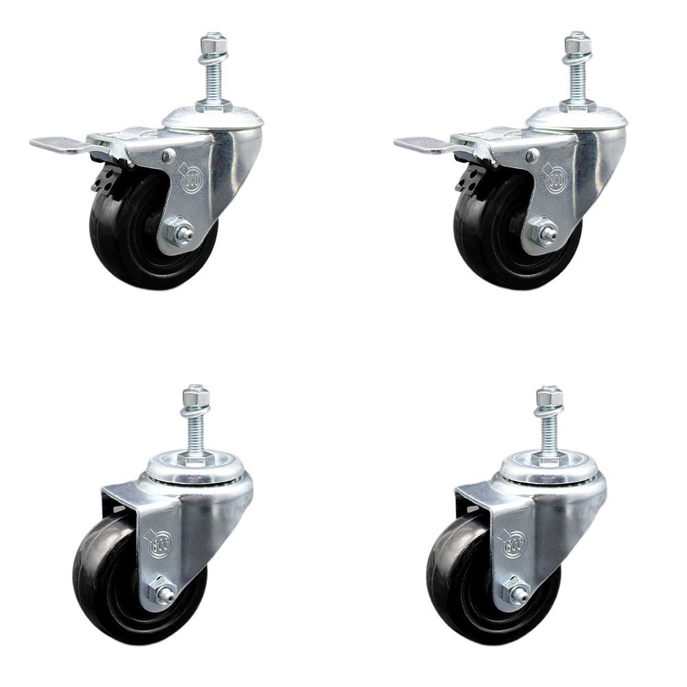 SCC-SSTSTTL20S3514-HRS-M1015-2-S-2 Stainless Steel Hard Rubber Swivel Threaded Stem Caster with 3.5 x 1.25 in. Black Wheels & 10 mm Stems - Set of 4