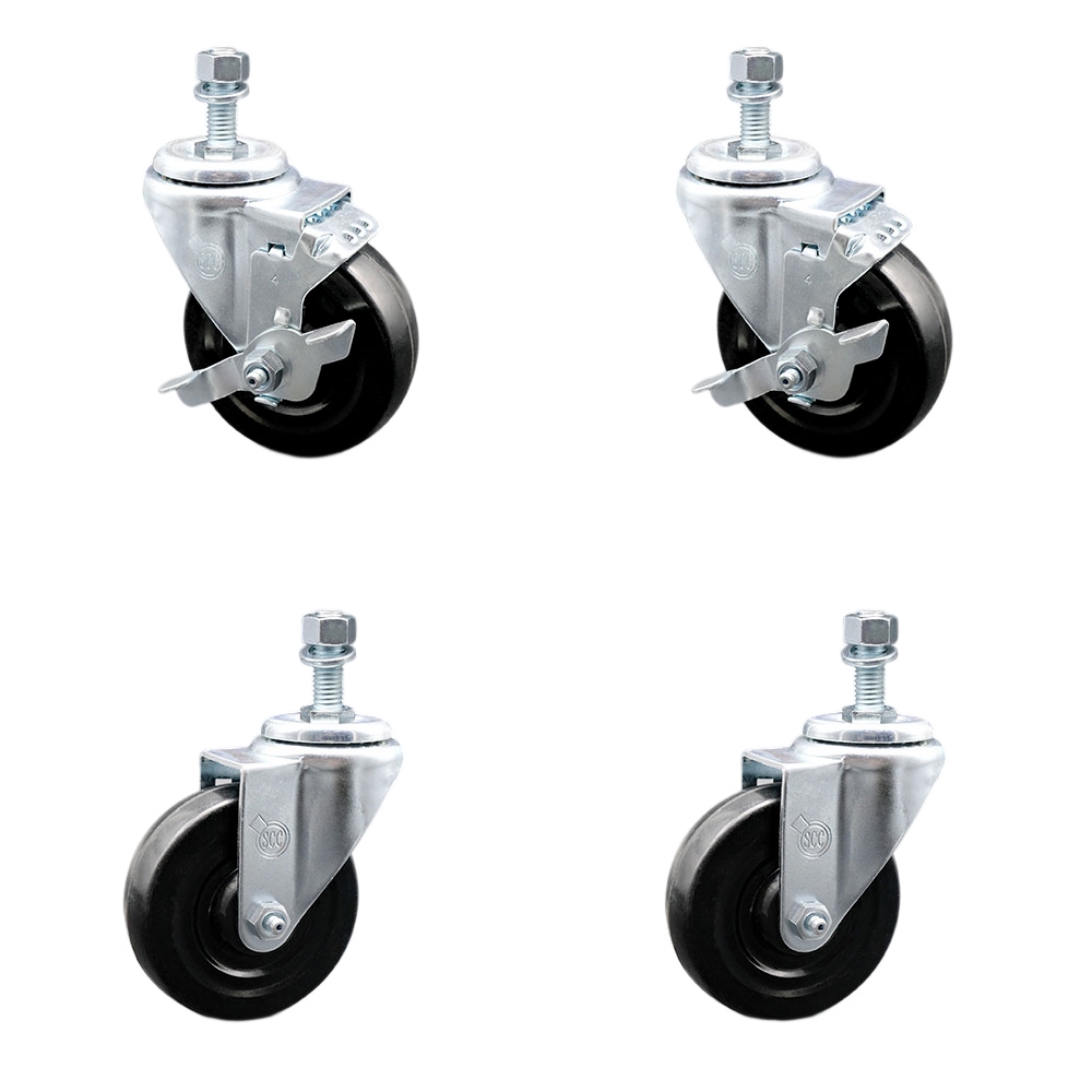 SCC-TS20S414-HRS-121315-2-TLB-2 Hard Rubber Swivel Threaded Stem Caster with 4 x 1.25 in. Black Wheels & 0.5 in. Stems - Set of 4