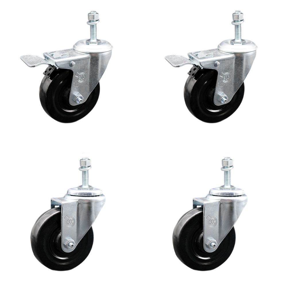 SCC-SSTSTTL20S414-HRS-M1015-2-S-2 Stainless Steel Hard Rubber Swivel Threaded Stem Caster with 4 x 1.25 in. Black Wheels & 10 mm Stems - Set of 4